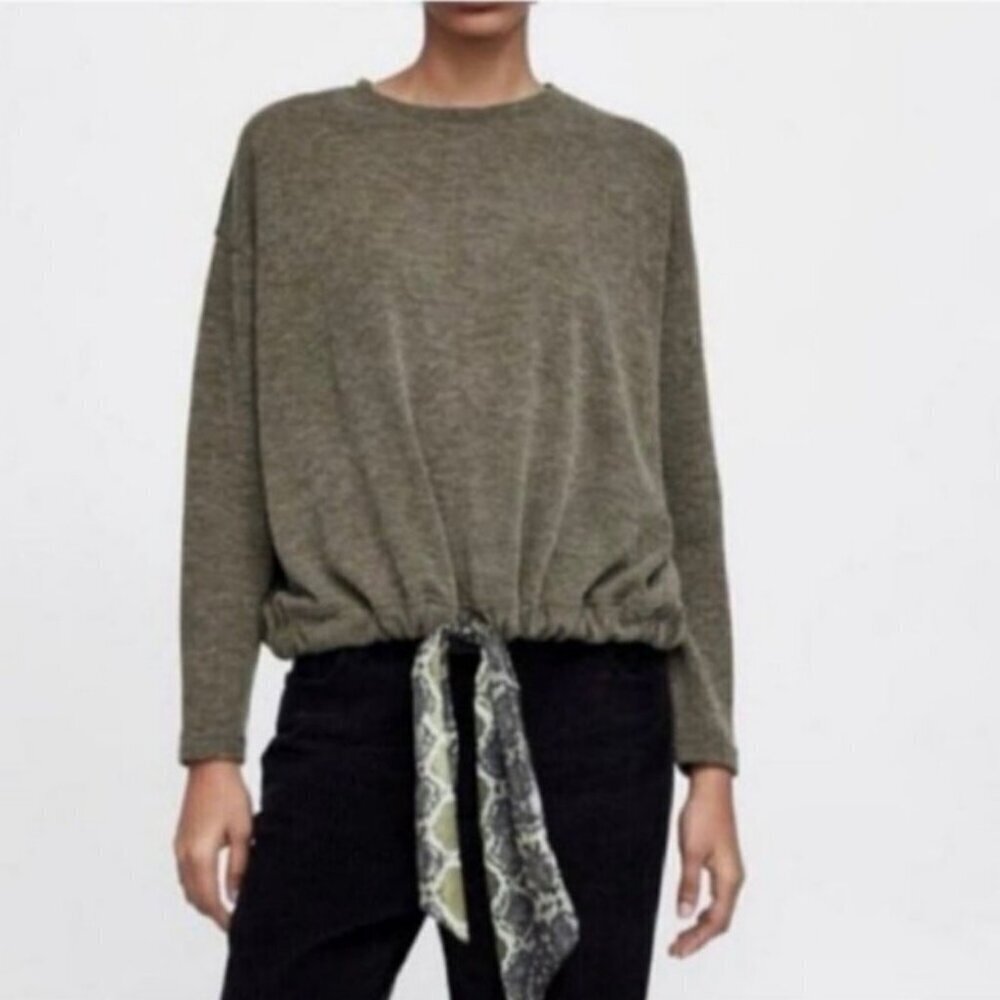 ZARA Basic Olive Green Tie Hem Sweater Snake Print Scarf Detail Size Medium